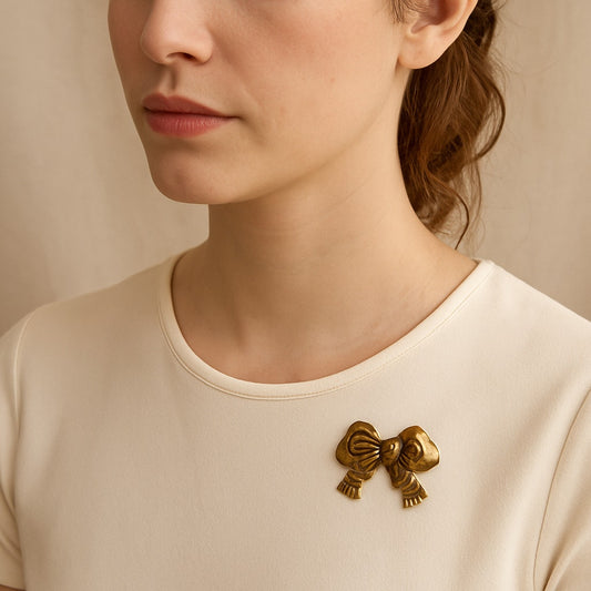 Vintage Brass Bow Brooch Textured Ribbon pin with etched fringe details